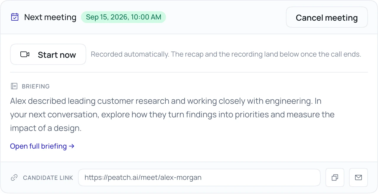 Peatch meeting workspace showing a scheduled interview, a preparation brief, the meeting controls and the candidate’s joining link.