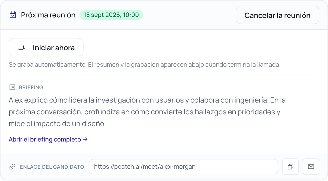 El espacio de reuniones de Peatch con una entrevista programada, un informe de preparación, los controles de reunión y el enlace del candidato.