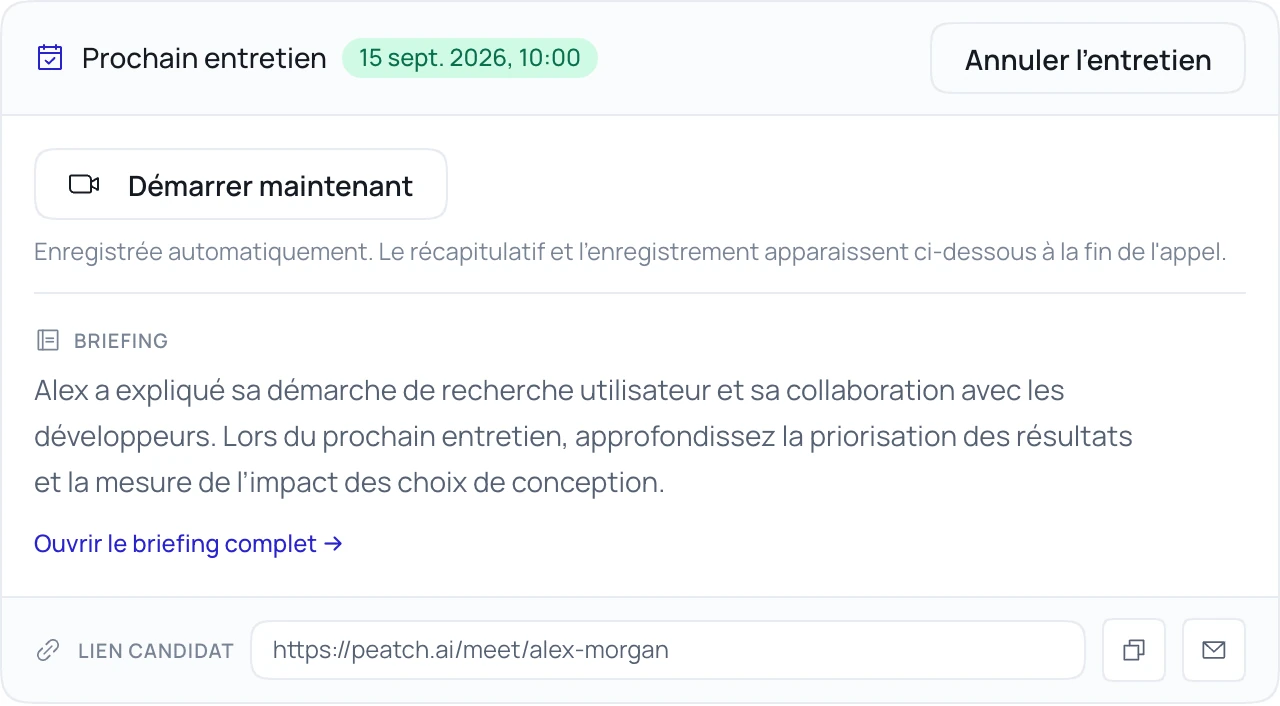 L’espace de réunion Peatch avec un entretien planifié, une fiche de préparation, les commandes de réunion et le lien du candidat.