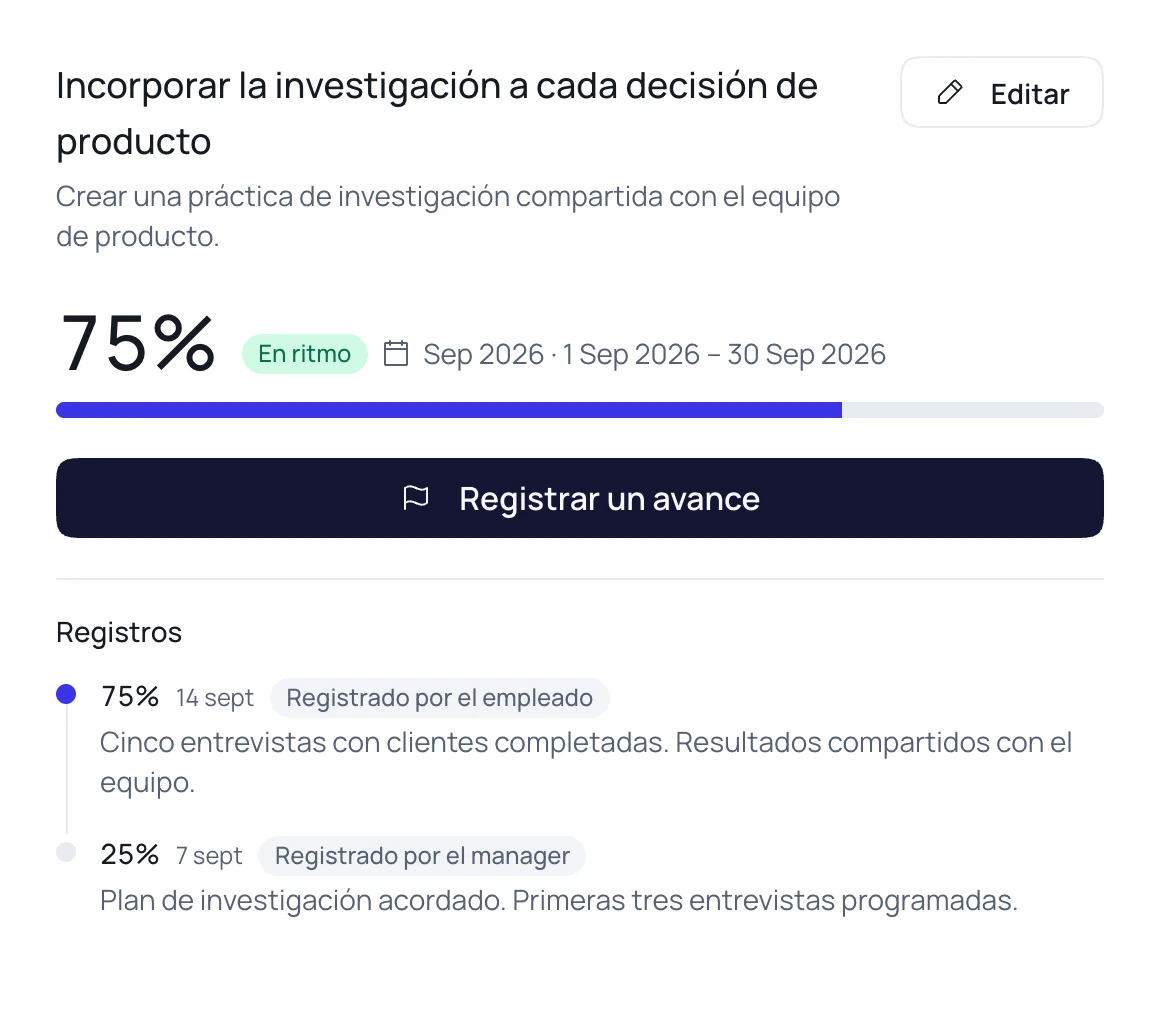 Un objetivo de Peatch con su plazo, un progreso del 75 % y las actualizaciones fechadas del empleado y su responsable.