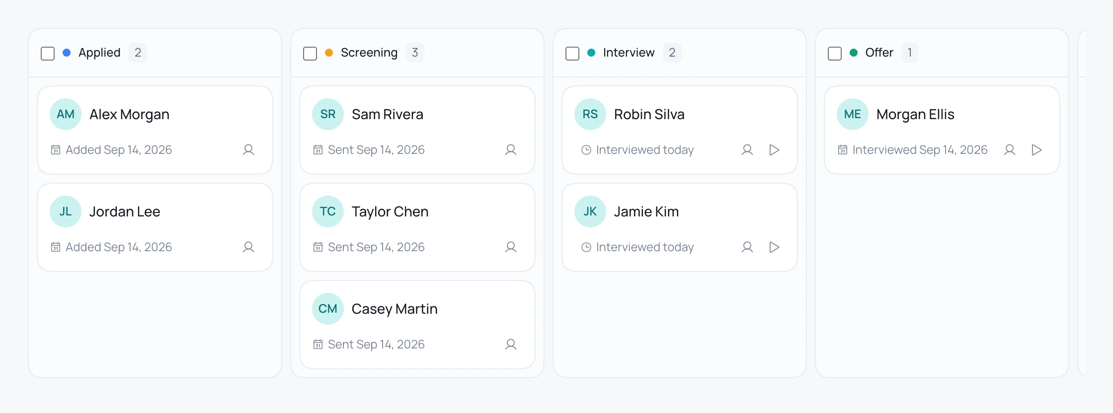 Peatch candidate pipeline with Applied, Screening, Interview and Offer columns, showing candidate profiles at each stage.