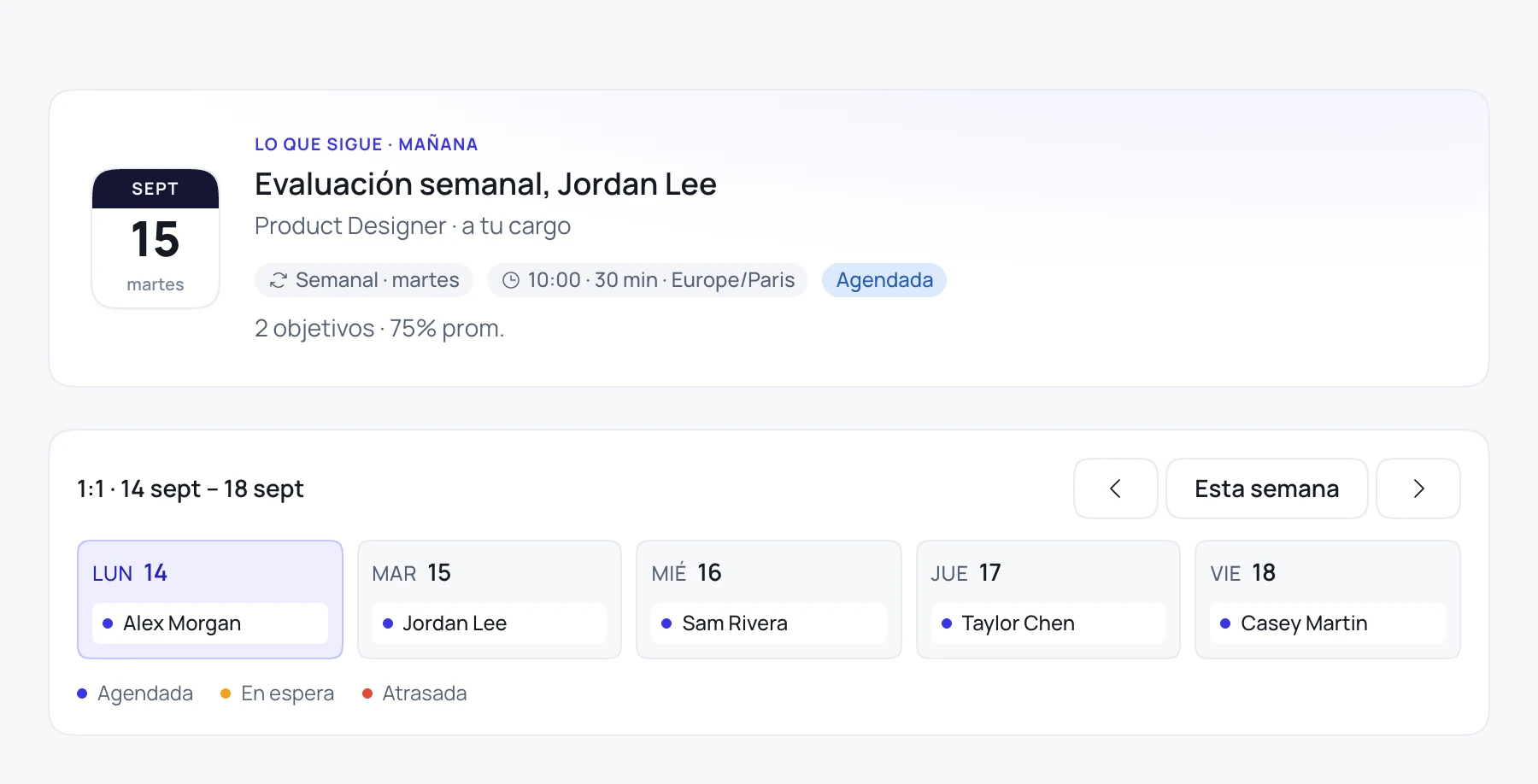 La agenda de seguimiento de Peatch con la próxima revisión semanal, sus objetivos y el calendario de reuniones 1:1 del equipo.